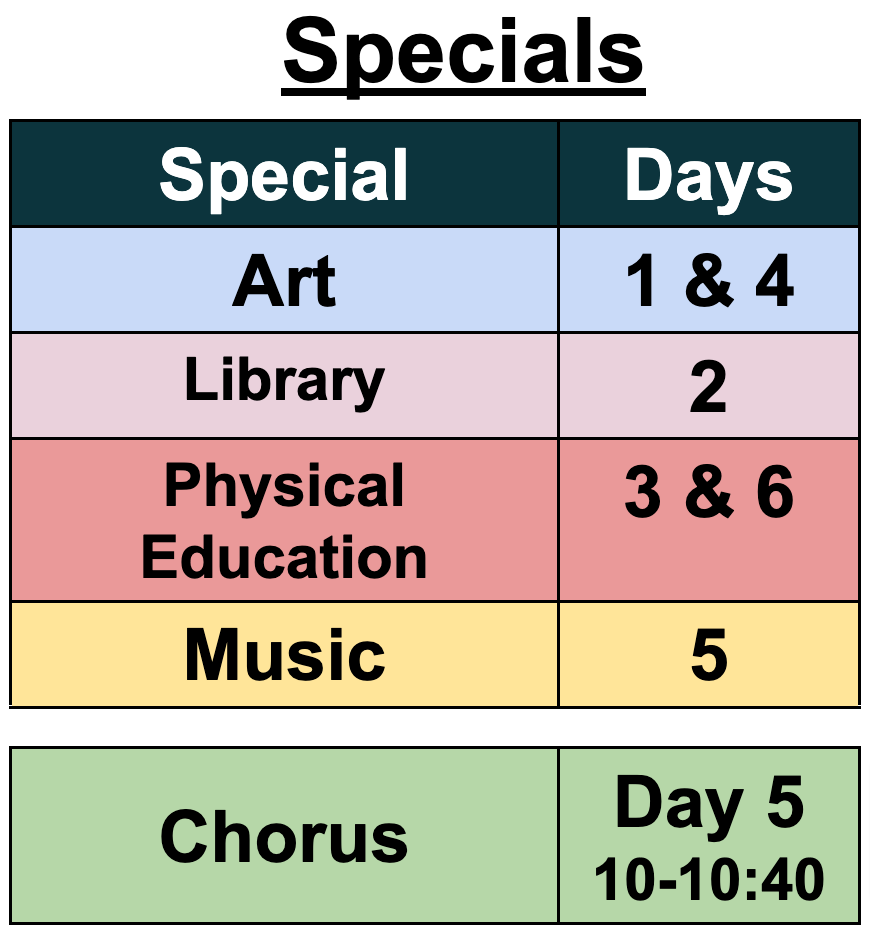 Specials Schedule