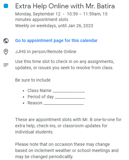 how to setup an appointment with Mr. B at any time!